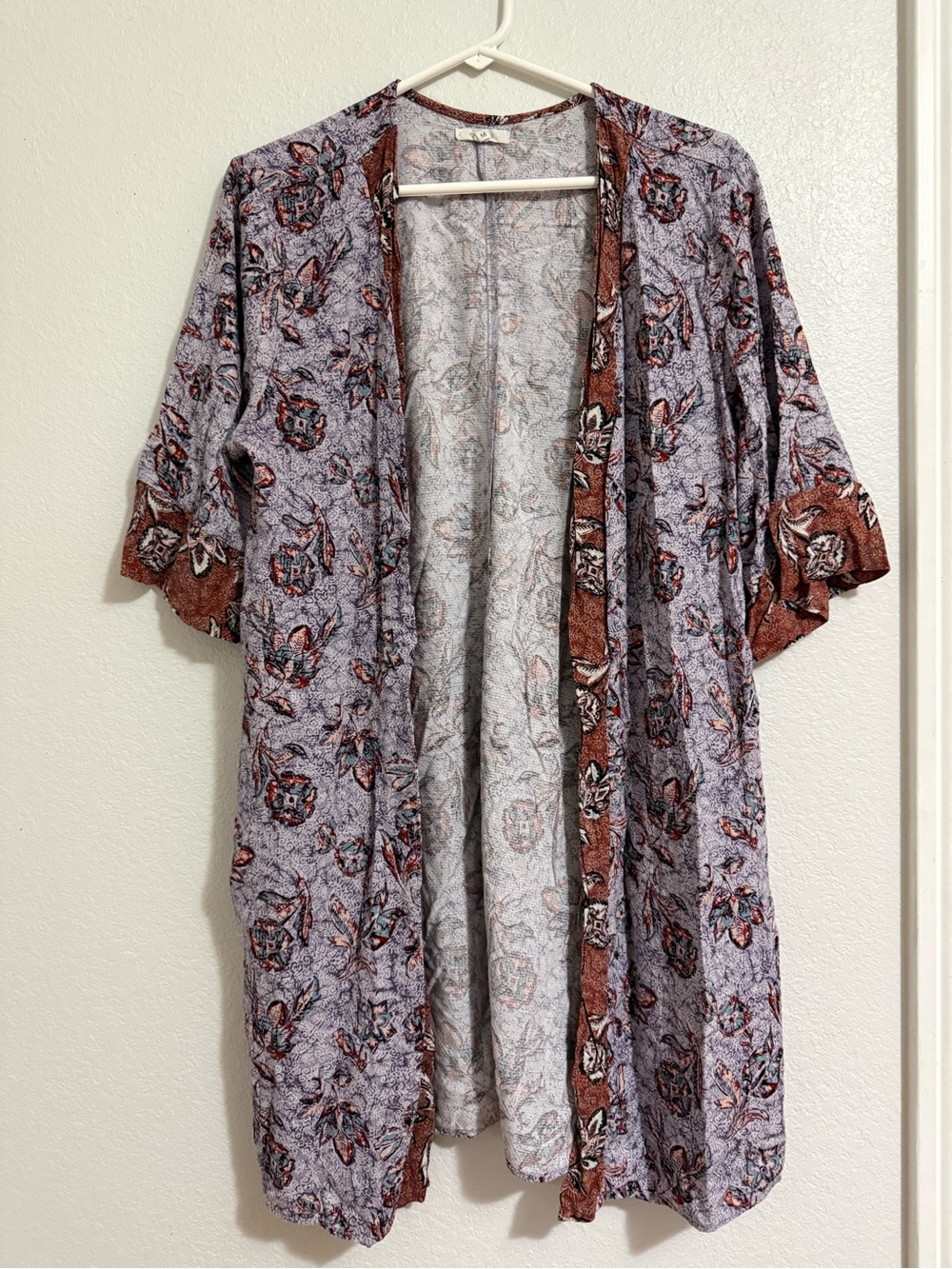Maurices Lavender Floral Open-Front Kimono with Rust Trim